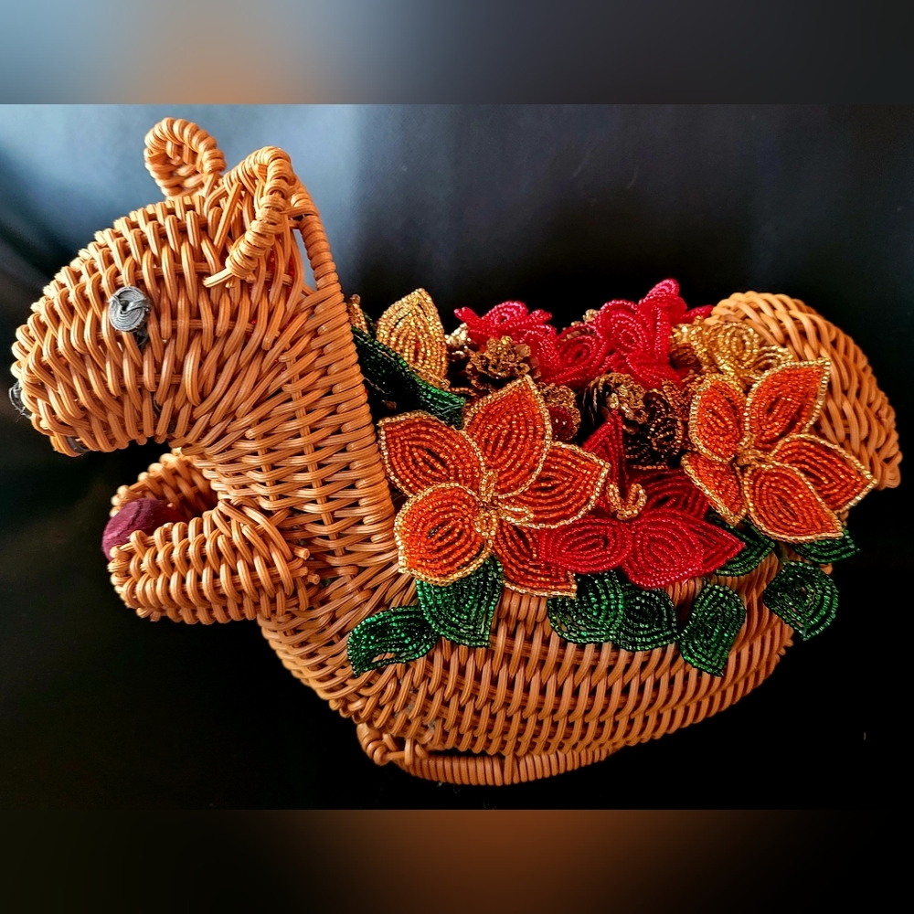 Harvest Basket Filled with French Beaded Flowers